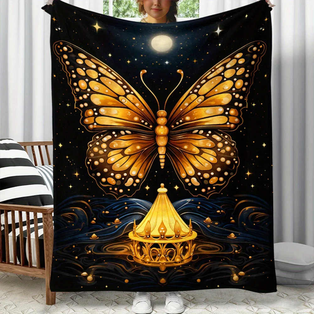 Golden Butterfly Moon Night Sky Magic Lantern Art Fleece Blanket Dreamy Celestial Design Boho Home Decor Mystical Symbolic