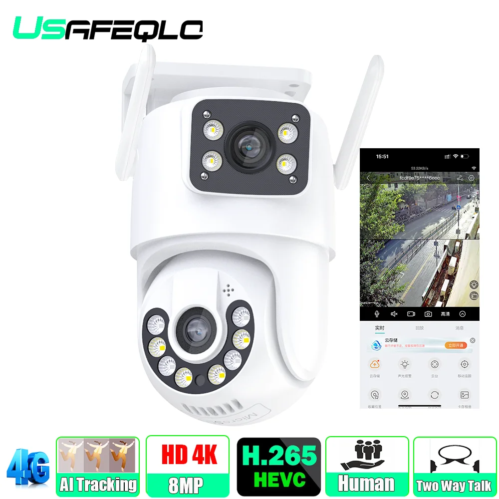 

4G SIM Card IP Camera Outdoor 4K 8MP Two Lens Dual Screen PTZ Camera Ai Human Tracking WiFi CCTV Surveillance 2K HD iCSEE