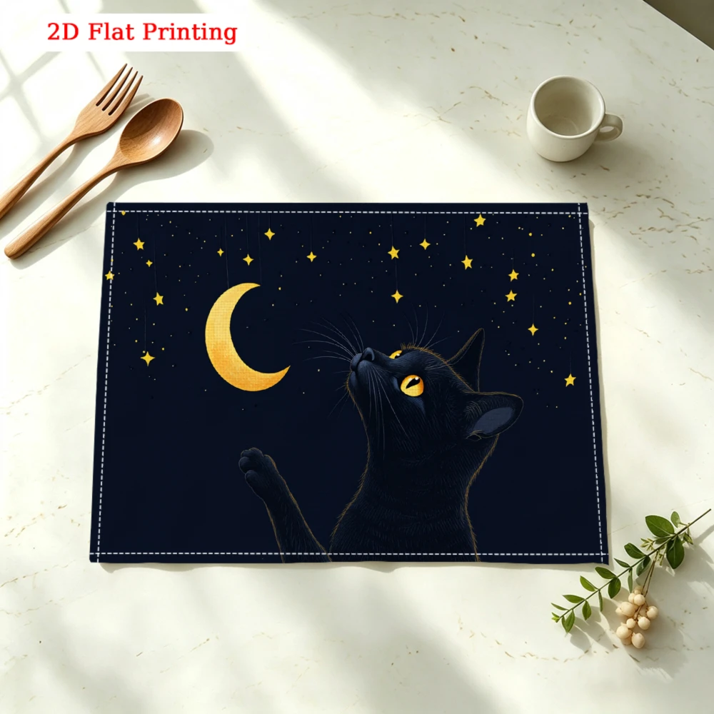 Black Cat Moon Kitchen Placemat Black Cat Moon Linen Pad Dish Coffee Cup Table Mat 1PC 30x40cm