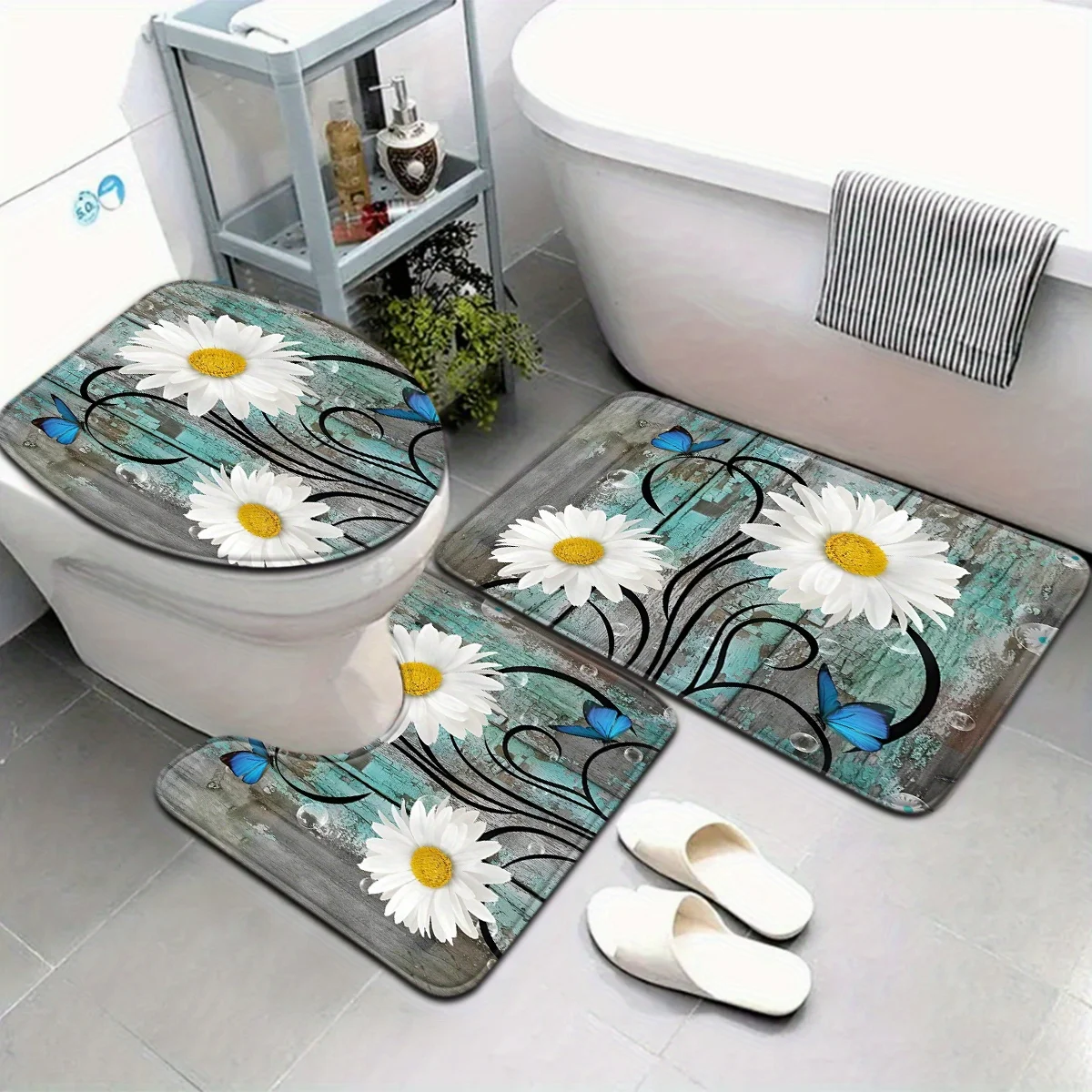 

Набор из 3 ковриков для ванной из скандинавского цветочного дерева, маленькие цветы ромашки и узор бабочек, полиэстеровая ткань, с U-образными ножками