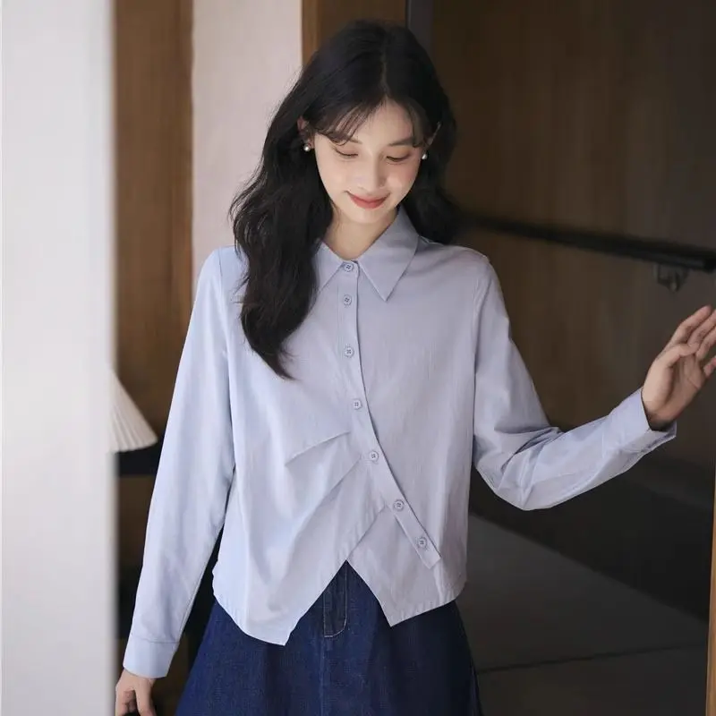 

Long Sleeve Shirts Womens Cotton Ruffled Button Down Tops Pleated Hem Slim Fit Preppy Feminine Retro College Style Casual Spring