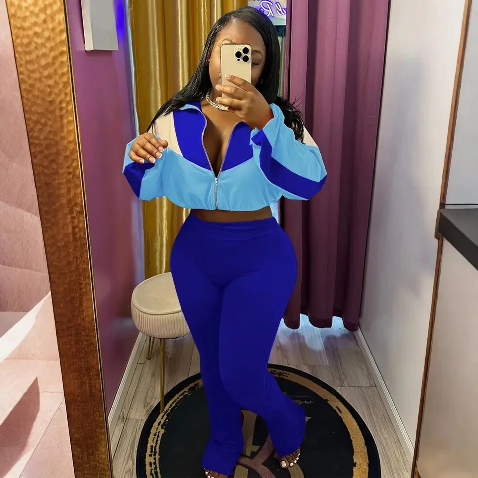 2 Piece Set Women Outfits Elegant New In Color Block Zipper Cardigan Slim Trousers Track Suit Conjunto Dos Piezas Mujer Invierno