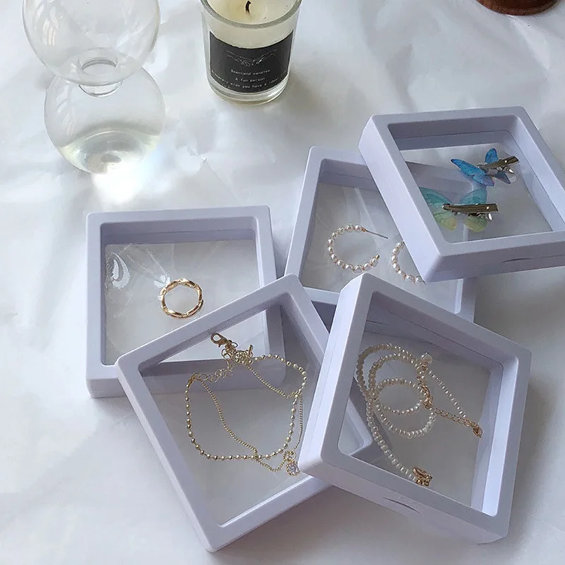 

PE Membrane Transparent Jewelry Display Box Case Ring Necklace Bracelet Organized 3D Floating Square Frame Storage Collection