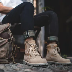 Maden Vintage Khaki Suede Desert High Top Boots Men's Lace-Up Round Toe Work Ankle Boots for Autumn Winter Outdoor Hiking Shoes