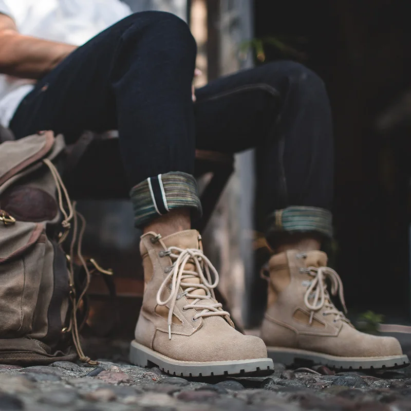 Męskie sznurowane buty Maden Vintage Khaki Suede Desert High Top, okrągły nosek, robocze botki do kostki na jesień i zimę, buty trekkingowe na zewnątrz.