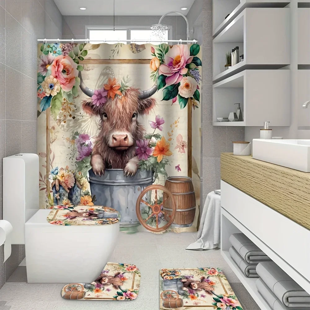 

Charming Highland Cow & Floral Shower Curtain Set with Non-Slip Bath Mat, Toilet Lid Cover - Rustic Farmhouse Decor, Waterproof,