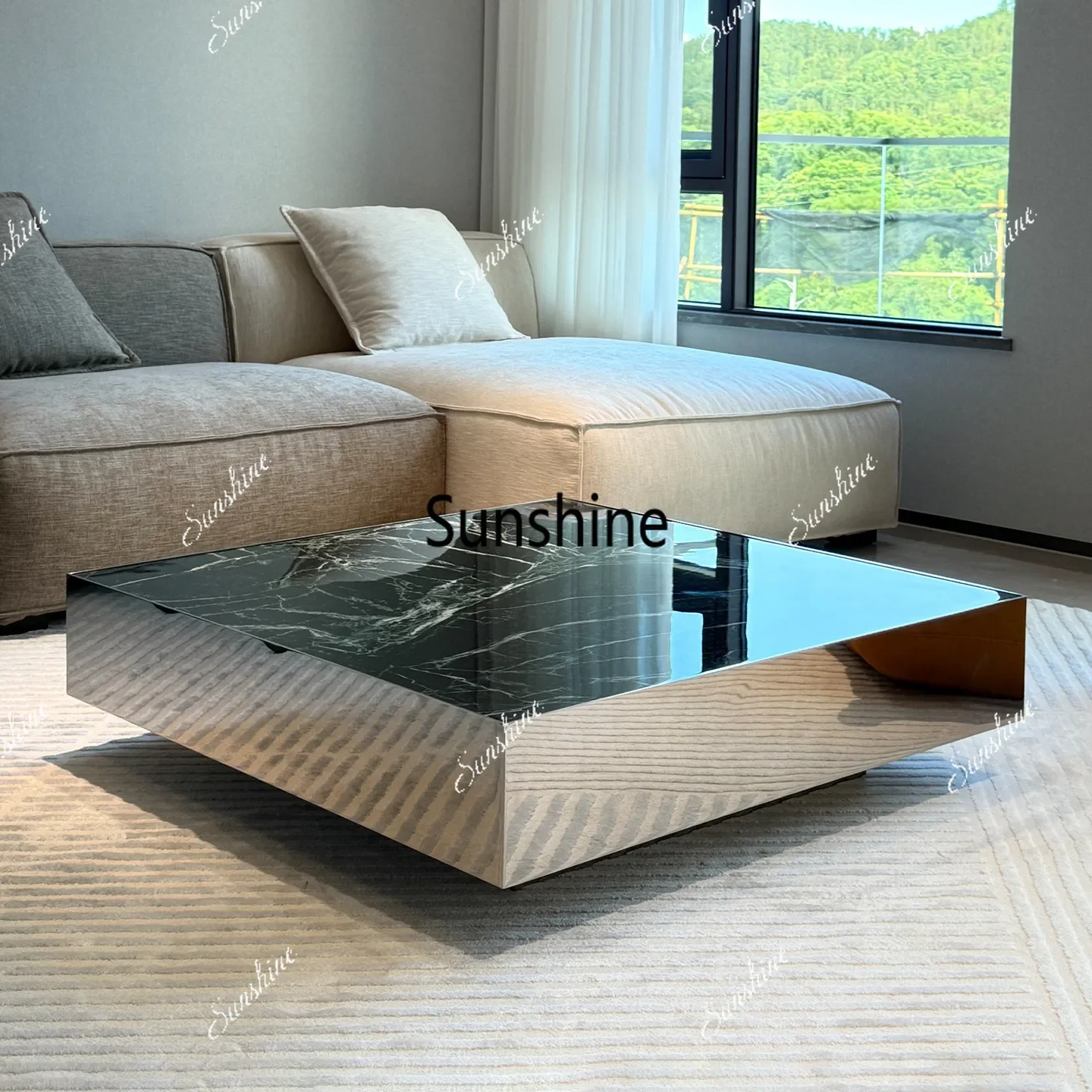 

Italian stainless steel mirror natural marble coffee table light luxury square coffee tableTJ