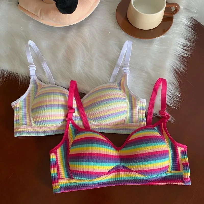 Spicy Girl Rainbow Striped Gathering Bra For Women Small Chest Soft Thin Traceless Underwear Colorful Breathable Bras Lingerie