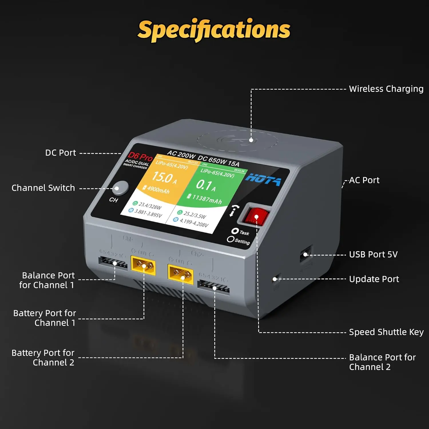 D6 برو يبو شاحن بطارية ثنائي القناة الشواحن الذكية AC200W DC650W شاحن ميزان ل RC يبو NiMH بطارية الطائرة بدون طيار قطع الغيار
