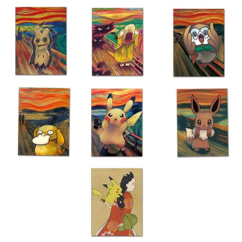 

Pokemon Pikachu Scream Stamp Anime Poster Wall Art Vintage Oil Painting Style Picture for Room Canvas Painting Decor Gift