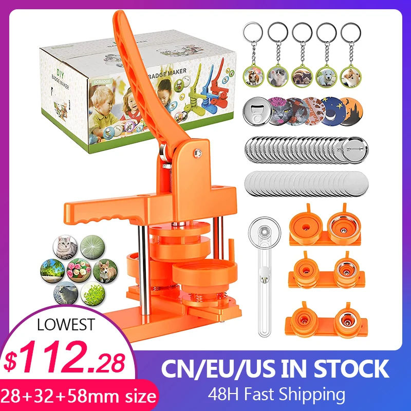 Orange Button Making Machine DIY Pin Punch Button Press Badge Making Supplies With 300 Button Needle Back Mylar And Round Cutter