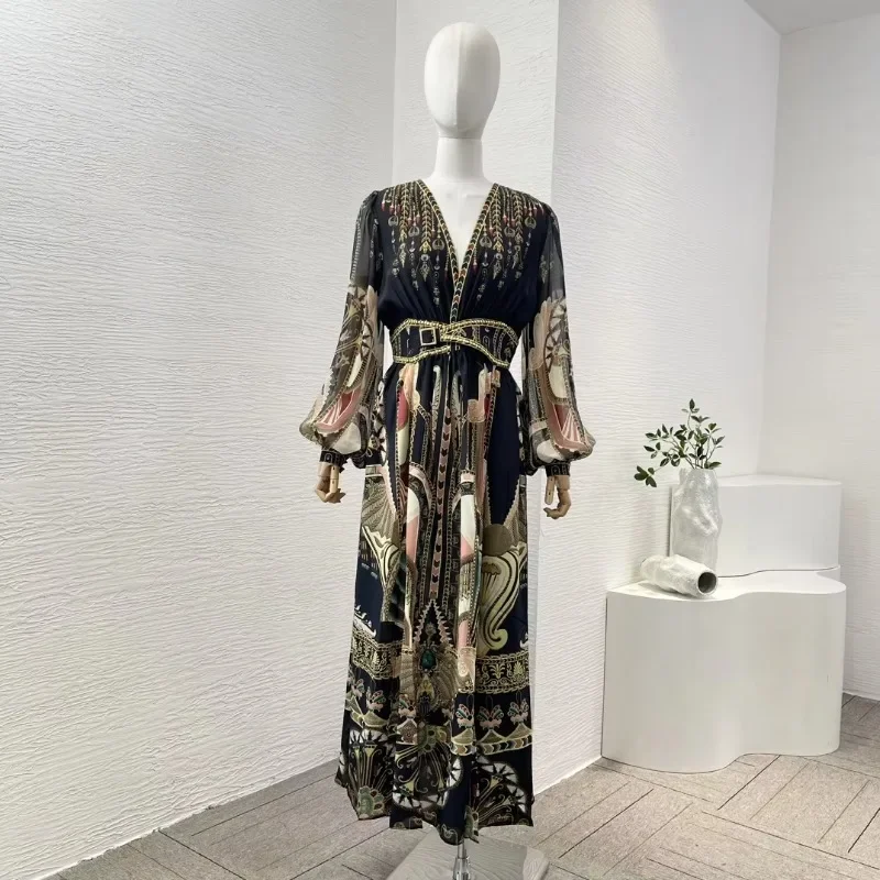 

Silk 2024 New Collection of Retro Court Print Long Lantern Sleeve Pleats Wrap Women Midi Vintage Dress