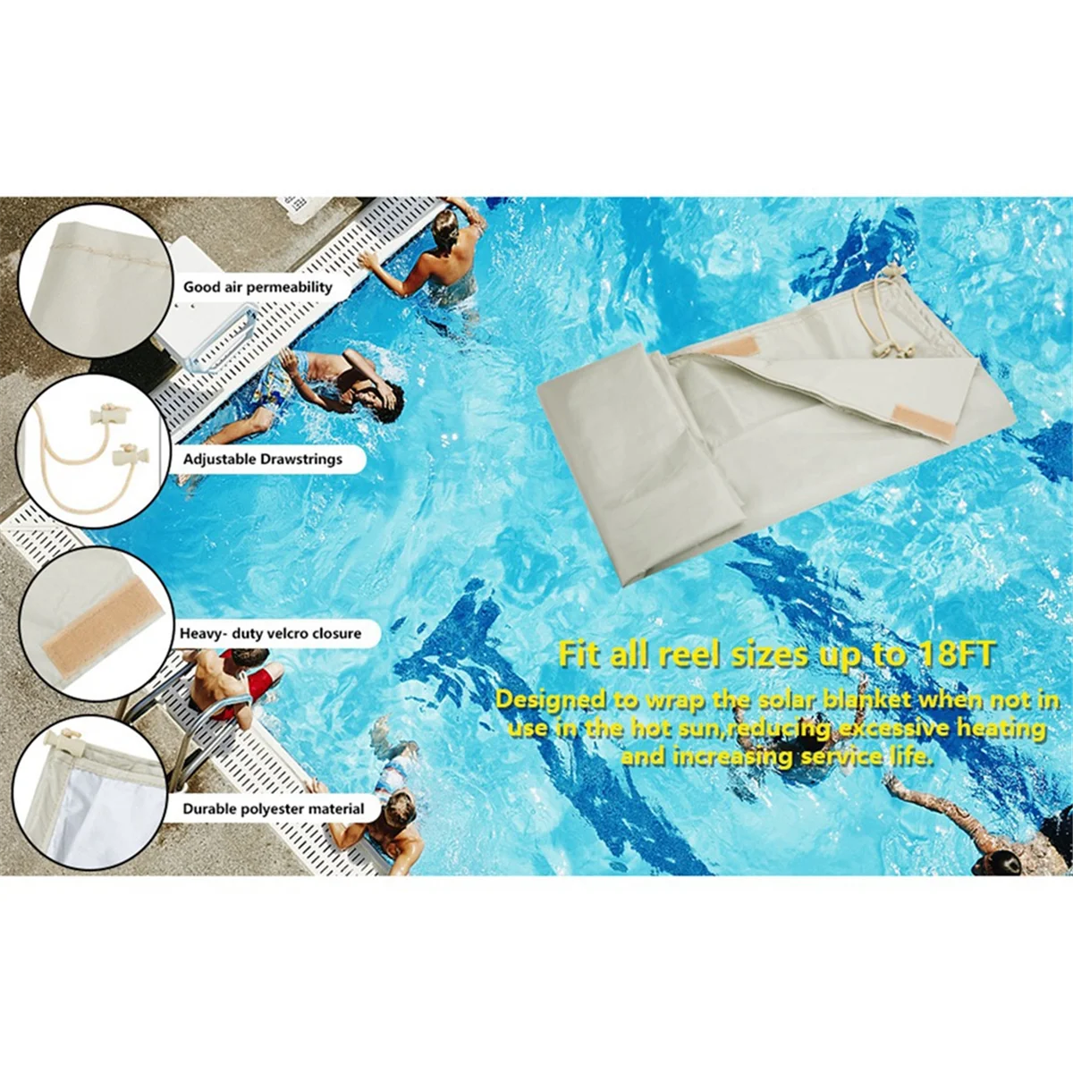 ABGN Крышка катушки для солнечной батареи для бассейна Водонепроницаемая крышка катушки для солнечной одеяла для бассейна Катушка шириной до 18 футов Кремово-белый