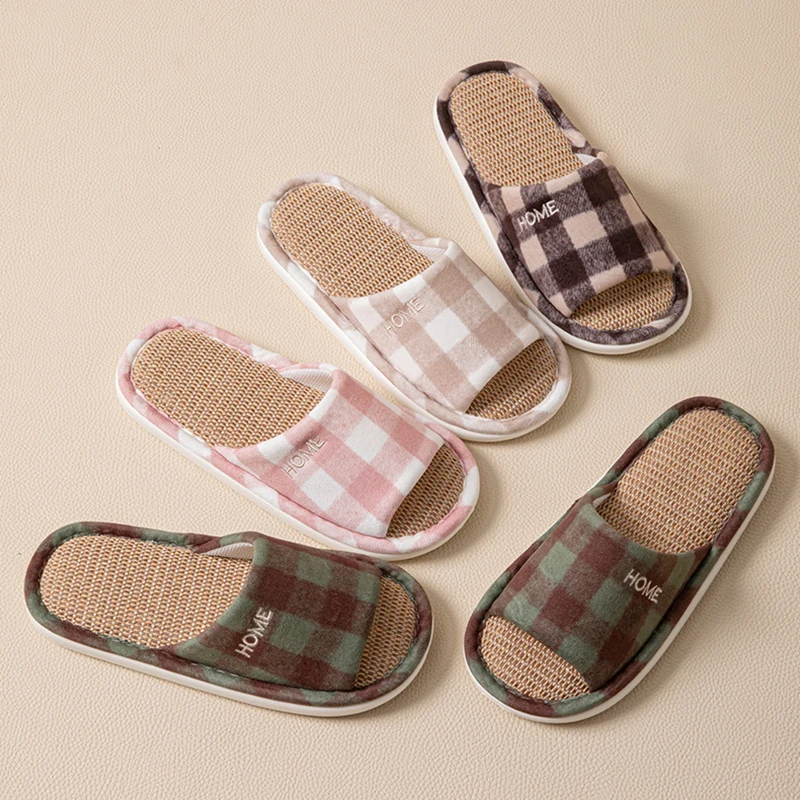 Linen Women's Slippers Home Spring Summer Plaid Designer Woman Shoes Open-Toe Casual New Indoor Slides Unisex Soft Sole Non-Slip