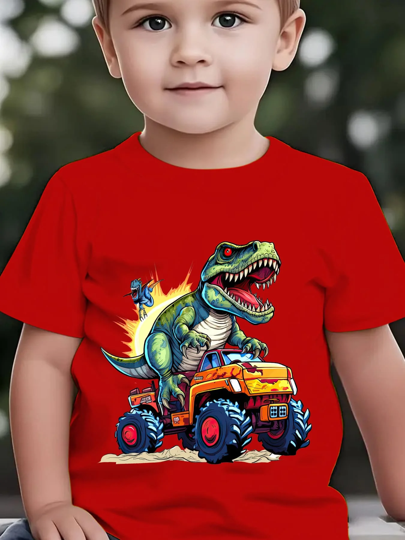 Summer Children's Fashionable T-shirt with Dinosaur Cartoon Pattern Printed on The Truck, Outdoor Casual Parent-child Top