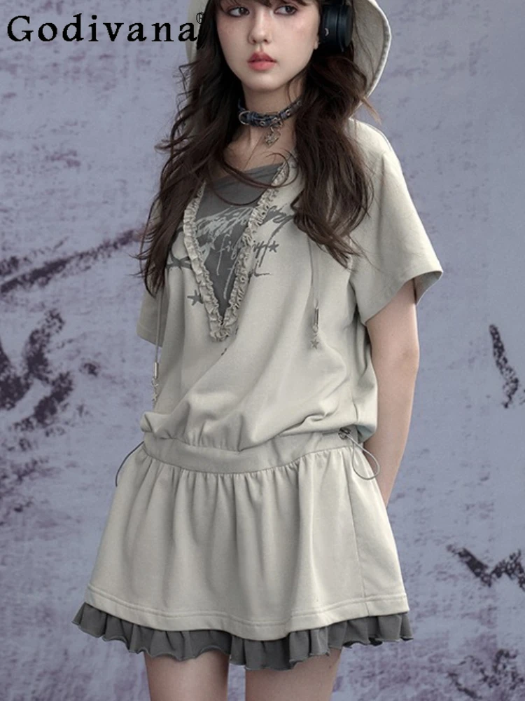 

Punk Street Loose Fake Two-piece Wasteland Style Handsome Dress Summer New Sweet Cool Girl Hooded Short-sleeved Print Dresses