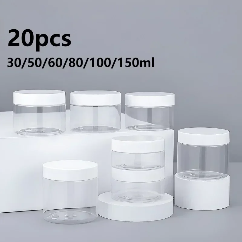 20pcs 30/50/60/80/100/150ml Plastic Empty Jars With White Lids Canister Face Cream Container Food Travel Bottle Home Supplies