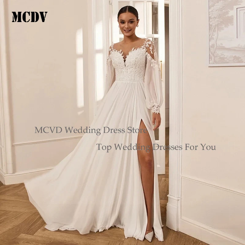 

MCDV Summer Beach Wedding Dress Customized Puff Sleeves Sheer Round Neck Beading Applique High Split Corset Marriage Bridal
