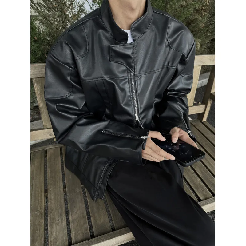

Bla ort Biker Jaet Men's Spring Autumn Design oulder Pad Stand Collar Motorbike Leather Coat Sli Trendy Youth