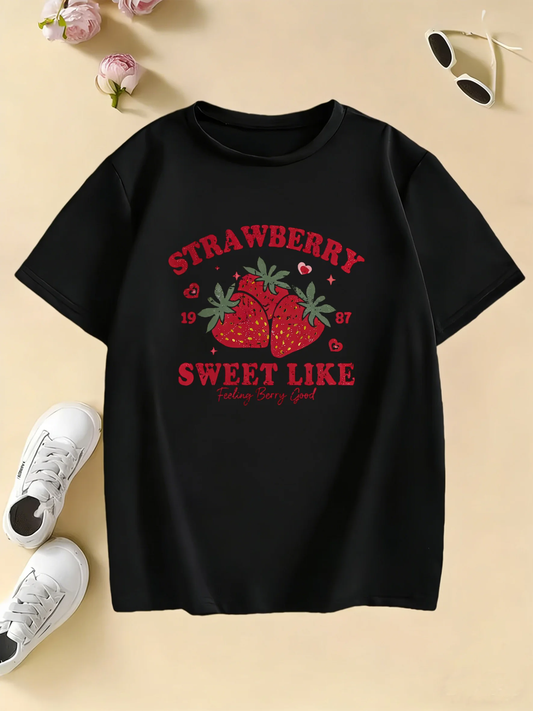 Y2k Girls Sweet Strawberry T Shirts Kids Children's T-shirt Kawaii Girls Summer Spring Casual Top Tee