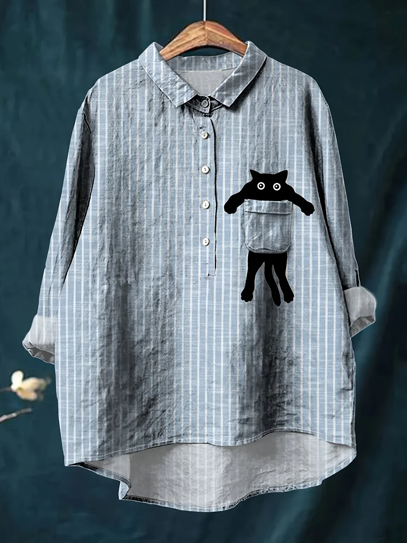 

New Women's Casual Loose Edition Flower Printed Button Up Shirt - Cute Pocket Black KittenTop,