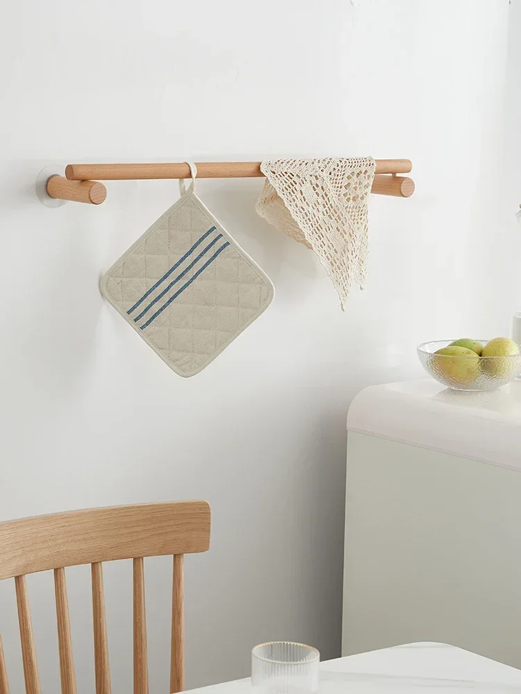 

Creative kitchen wall hanging rack bathroom towel rack solid wood clothes hanging rod Japanese punch-free hanger