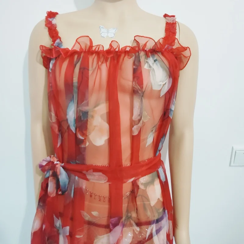 

Костюмы для отпуска пары Sissy, сексуальное мягкое прозрачное длинное платье из ледяного шелка на подтяжках, пляжное платье с цветочным принтом и оборками ﻿