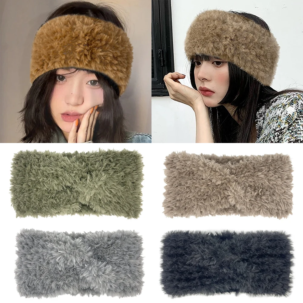 Winter Fur Furry Headband Outdoor Ear Warmer Head Wraps Fluffy Elastic Hair Band Solid Neck Warmer Turban Elegant Cold-Proof