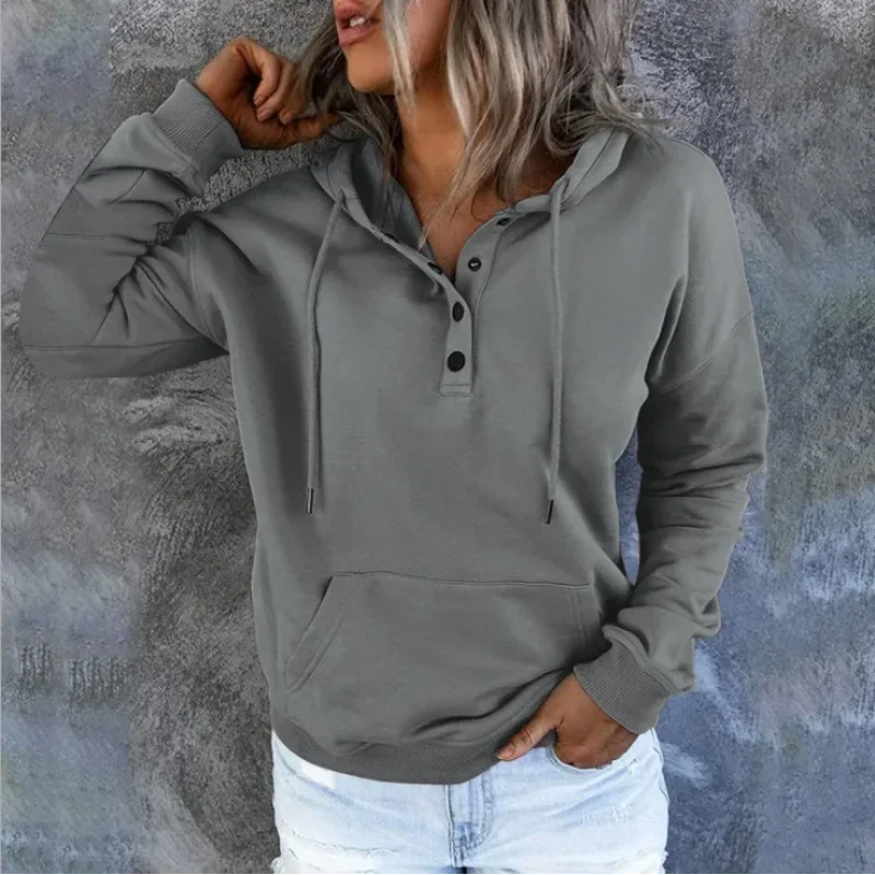 Fashion Trend Long Sleeve Loose Casual V-collar Button Hooded Drawstring Pocket Hoodie