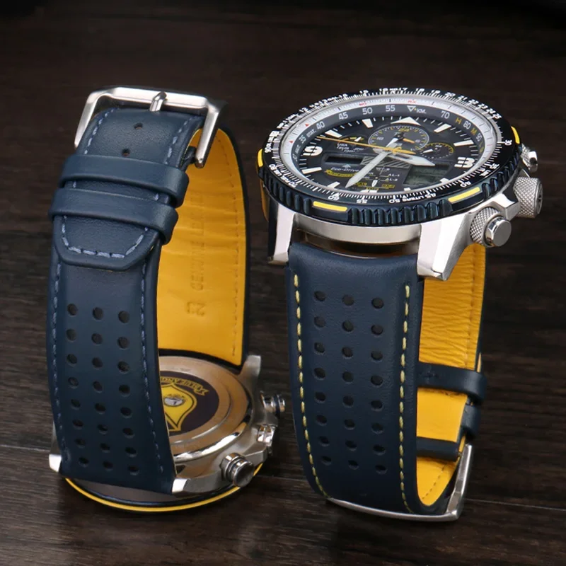 For CITIZEN Blue Angel Men Radio Wave Watch AT8020-54L/8020-03L/JY8078 curved end Genuine Leather Watchband Bracelet Strap 22 23