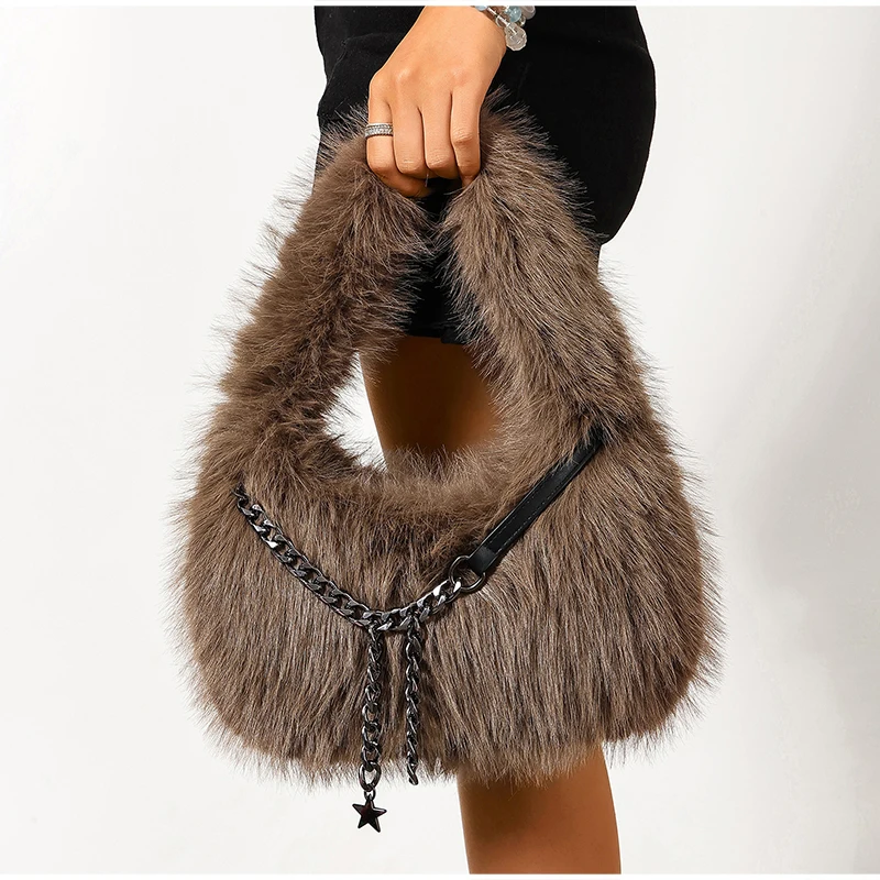 Weiche, glatte, flauschige Plüsch-Umhängetasche, Winter-Handtasche in Uni-Farbe, Metallketten-Tragetasche, lässige, individuelle Unterarmtasche – Detail 22