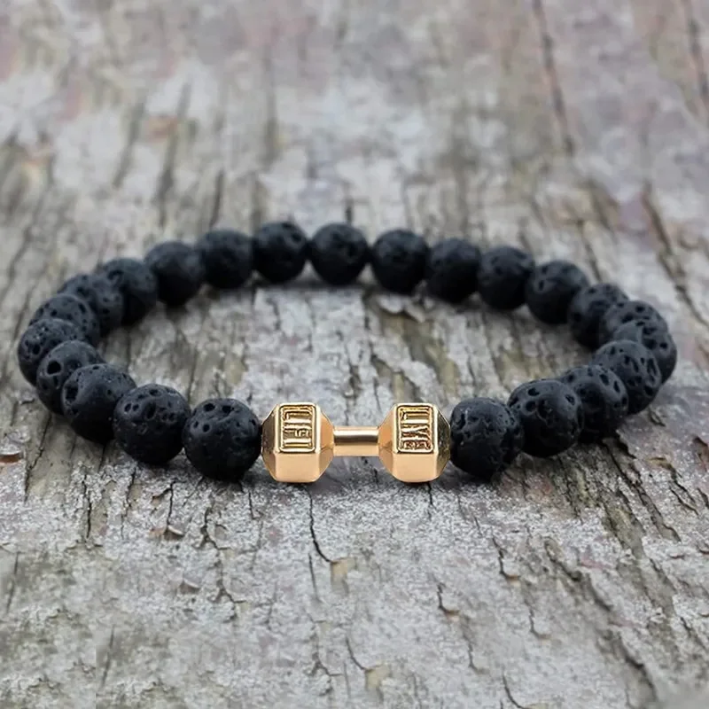 Pulsera Hombre Men Beaded Bracelet Natural Lava Stone Dumbbell Charm Bracelets Energy Fitness Barbell Fashion Women Jewelry