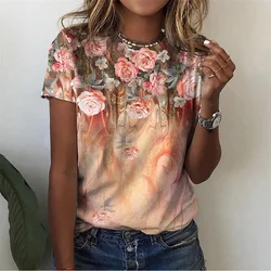 Floral Plants Pattern T-Shirt For Women Flower 3D Printed T Shirts Summer Casual Round Neck Tops Short Sleeves Oversized Tees