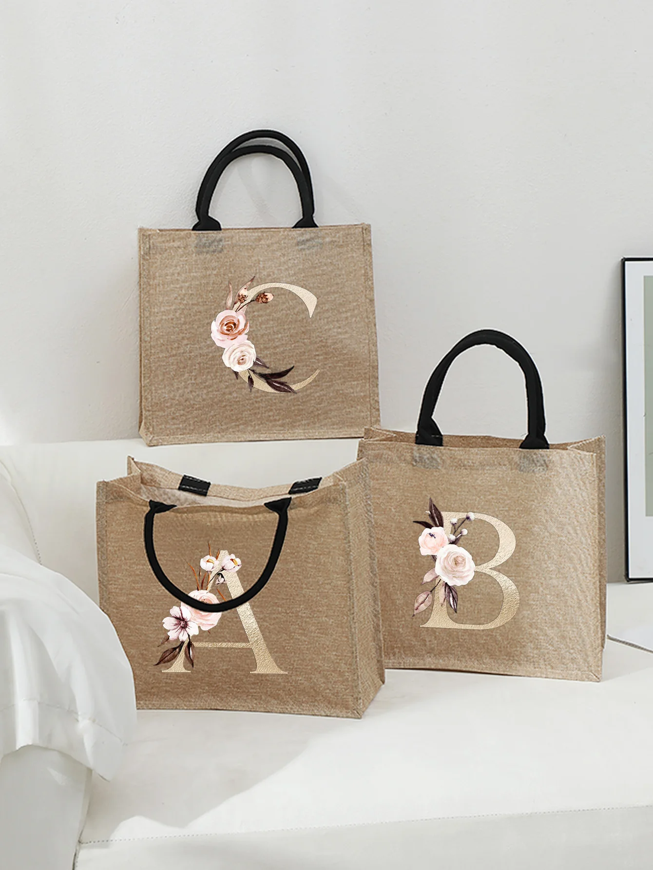 

2026 Новый стиль, льняная сумка с цветочным принтом и буквами, льняная большая сумка, модные простые свадебные дорожные сумки для хранения, подарок для нее