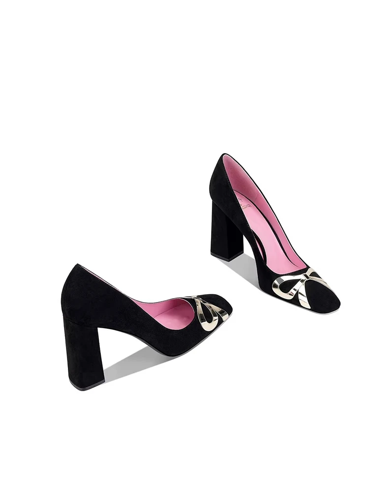

Spring new square toe shallow pearl bow square heel single shoes banquet dress large size small size high-hoeled women's shoes