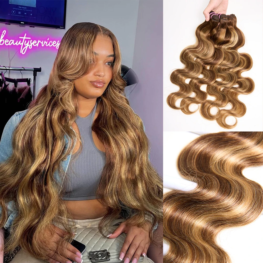 

26 Inch Body Wave 4/27 Highlight 4 Bundles Human Hair Honey Brown Colored Brazilian Raw Hair Weave Human Hair Bundles Extensions