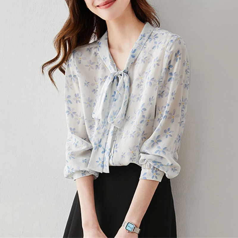 Women\'s Clothing Vintage Floral Print Bow Lace Up Elegant Blouse Korean Fashion Long Sleeve Office Lady Casual Shirt Loose Tops