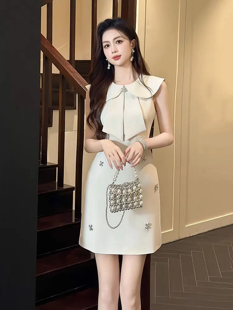 Topenomi Summer Beading Sleeveless Party Dress Women Peter Pan Collar Waist Slim Fit Short Evening Gown Luxury Fashion Dresses