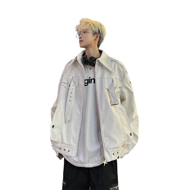 

American retro high street white leather jacket, men's spring and autumn style trendy niche high-end short jacket