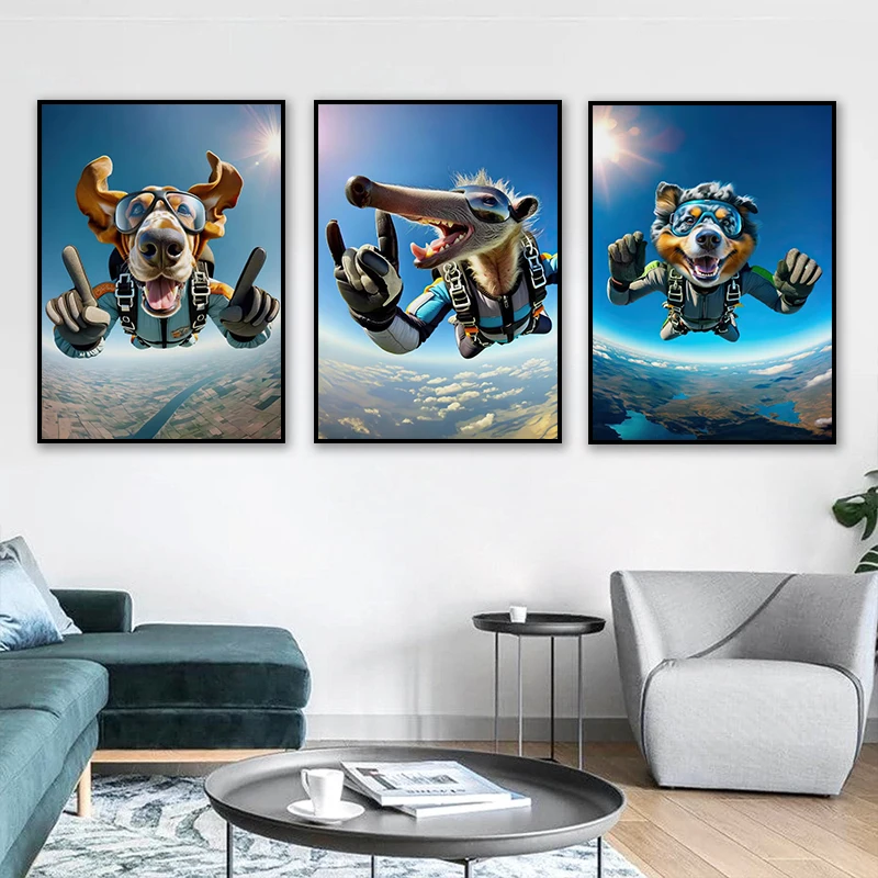 Skydiving Shepherd French Bulldog Fox in Free Fall Photograph Poster Print Wall Art Pictures Canvas Painting Room Home Decor