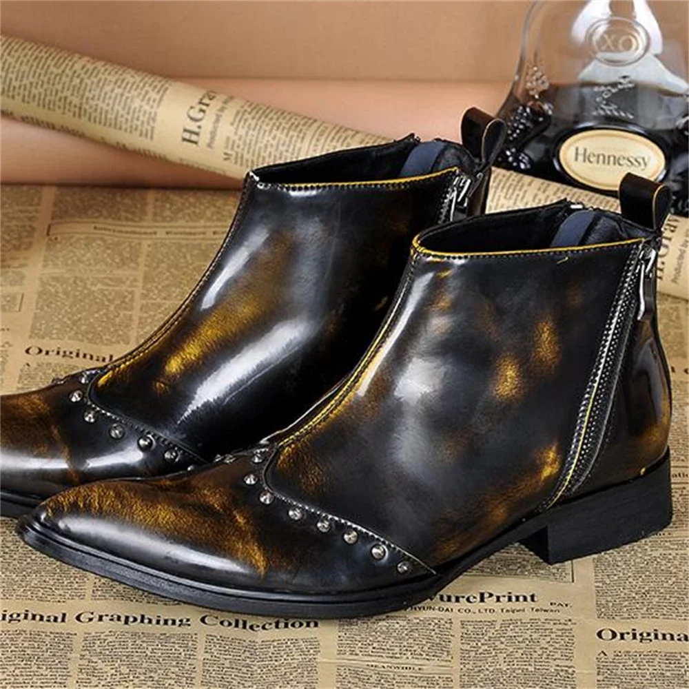 

Vintage Patent Leather Zipper Rhinestones High Heels Pointed Toe Boots Male Plus Size Fashion Party Wedding Cowboy Business Shoe