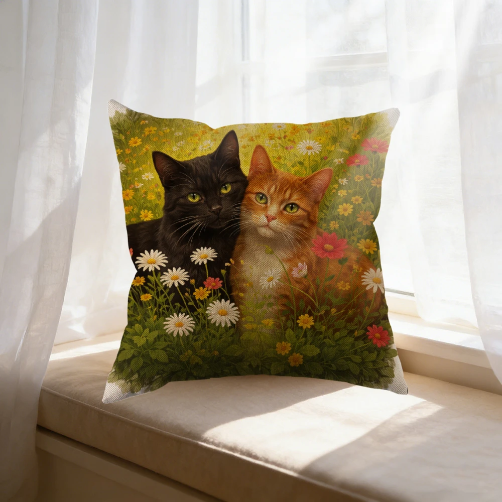 Cushion Cover Black And Orange Cat In Flower Garden Print For Home Decor Bedroom Window Seat