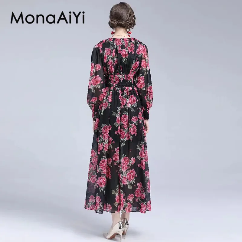 MonaAiYi-Robe à lacets pour femmes, col rond, style bohème, vintage, imprimé, grande balançoire, été