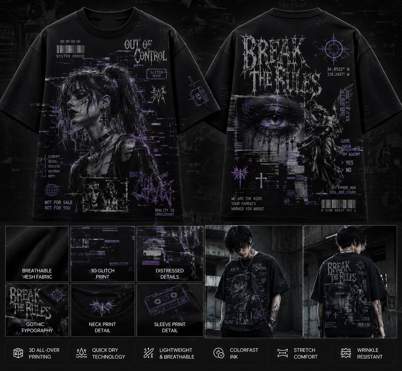 Unisex Gothic Glitch Oversized T‑Shirt,Break The Rules Streetwear Tee,Purple Cyberpunk Dark Aesthetic Short Sleeve Top Polyester