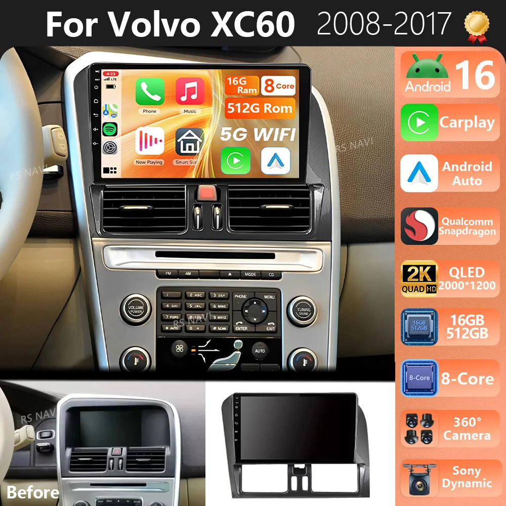 Radio Multimedia para Auto con Android 16, Plug and Play, para Volvo XC60 2007 2010 2013 2014 2017, Pantalla QLED 2K, Reproductor de Video, GPS, 4G, CarPlay