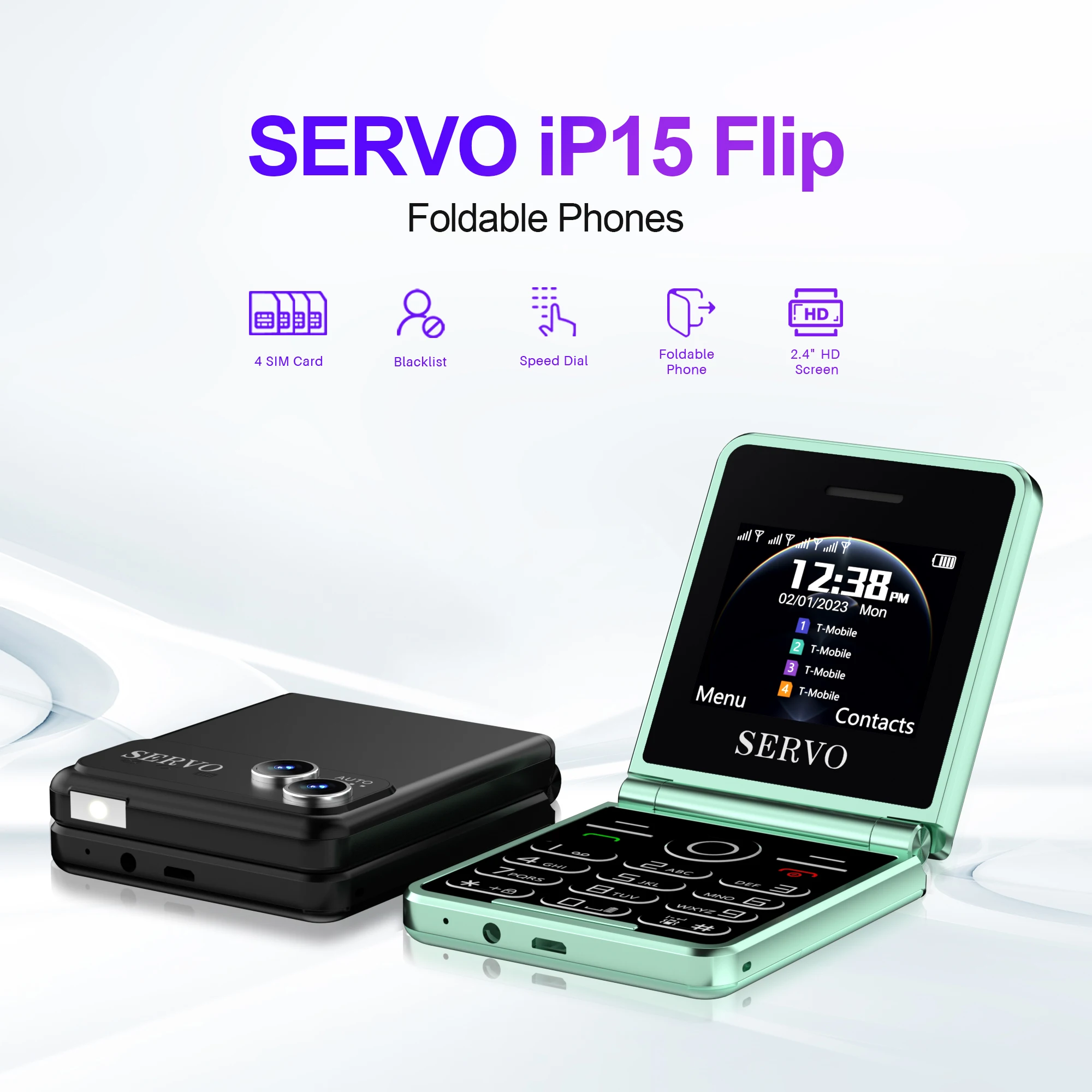 

SERVO iP15 Flip Cellular Phone 4 SIM Standby Call Recording Speed Dial Flashlight MP4 Blacklist 2.4" Screen Fold Feature Phones