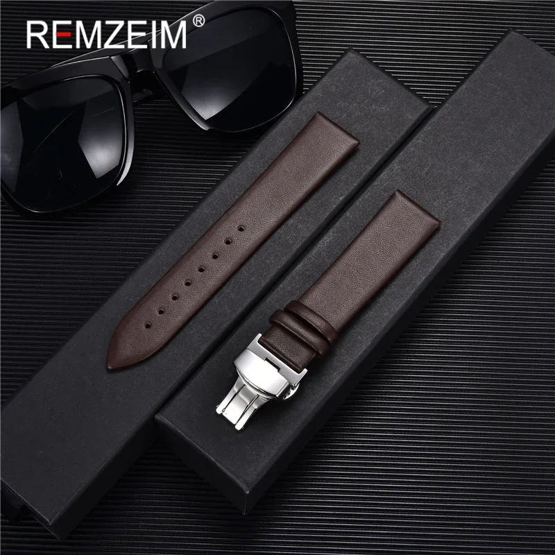 Smooth Genuine Calfskin Leather Watchband 18mm 20mm 22mm Straps with Solid Automatic Butterfly Buckle Business Watch Band + Tool