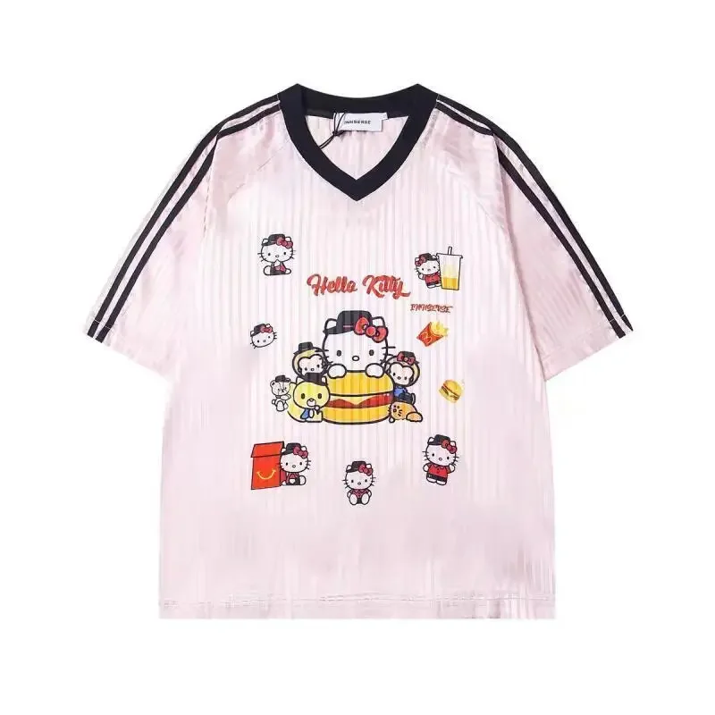 T-shirt Hello Kitty d'été à col en V et manches courtes, imprimé en 3D, tendance jeune et vibrante pour filles, simple et confortable