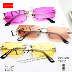 KLASSNUM Rimless Sunglasses Women Men Trendy Driving Yellow Lens Sun Glasses Small Square Luxury Sun Shades Traveling Eyepiece