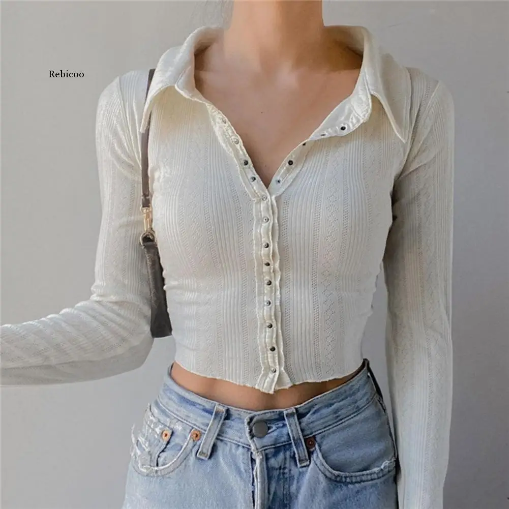 

Blouse White for Women Solid Color Lapel Long Sleeves Placket Blouse Slim Ribbed Striped Short Pullover Shirt Women Streetwear